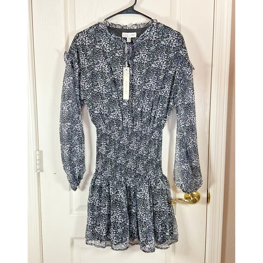 She & Sky Women's S Black White Spotted Dress NWT Ruched Bodice Short Flowy Skir